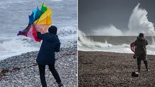 Huge waves on the beach and woman struggling with rainbow umbrella