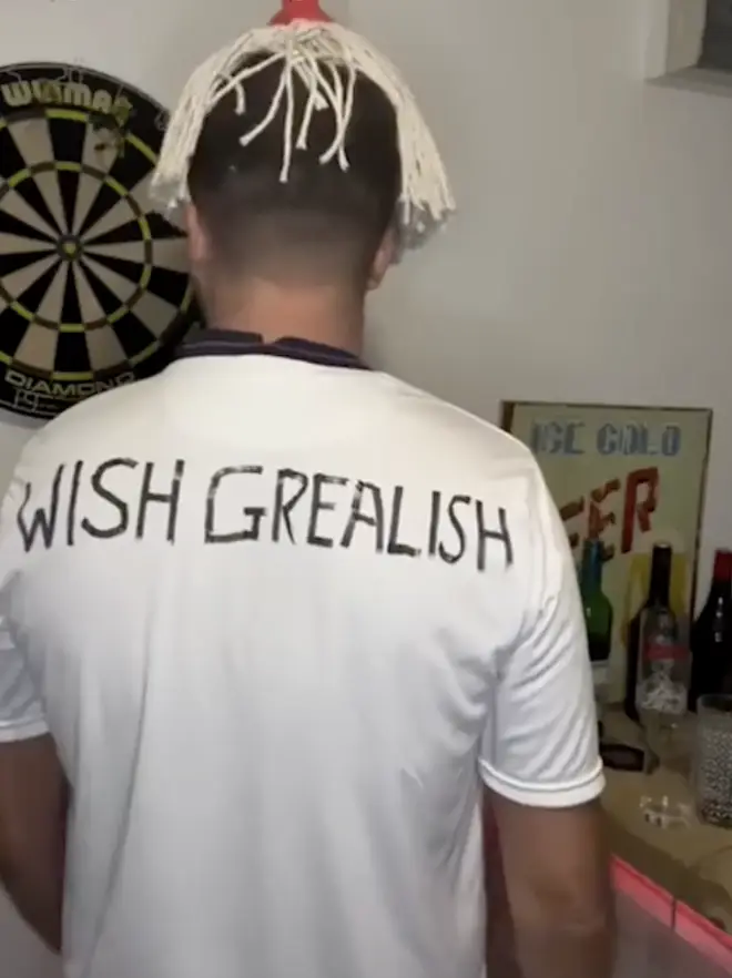 Married At First Sight star Luke Worley put a mop on his head and wrote 'Wish Grealish' on his England football shirt as a nod to fellow groom Jordan Gayle