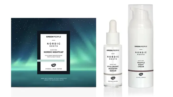 The Nordic Nightcap Gift Set contains Nordic Roots Hyaluronic Booster Serum and Nordic Roots Truffle Night Cream