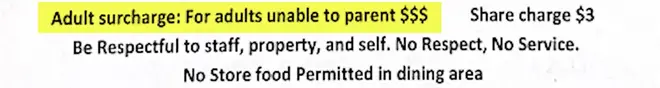 Toccoa Riverside Restaurant’s warning read: "Adult surcharge: For adults unable to parent $$$."