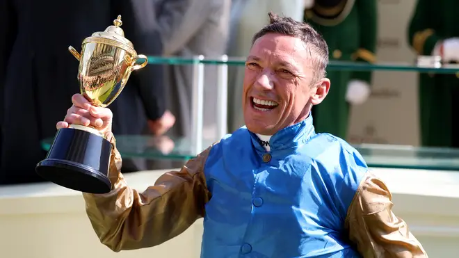 Frankie Dettori celebrates with the trophy after winning The Gold Cup at Royal Ascot, 2023