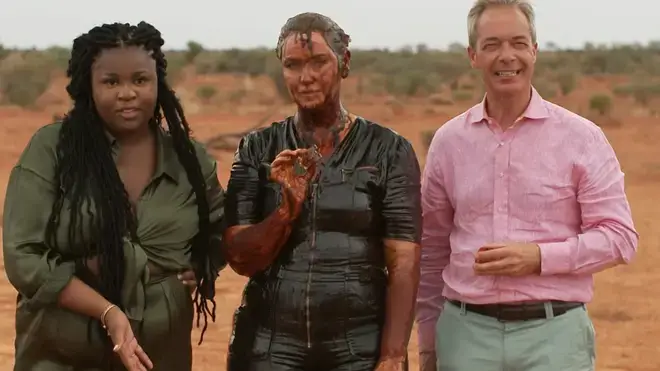 Josie Gibson is one of the campmates on I'm A Celebrity 2023. Pictured here with Nella Rose and Nigel Farage