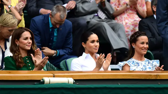 Kate Middleton, Meghan Markle and Pippa Middleton in the Royal Box at the Ladies' Singles Final at Wimbledon 2019.