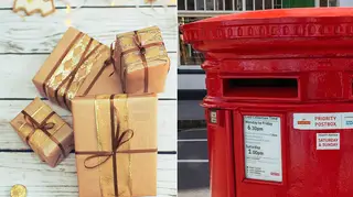 Golden Christmas presents and a red Royal Mail post box