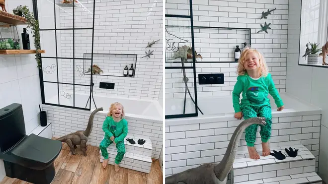 Stacey Solomon decorated Rex's bathroom with a dinosaur theme - and it looks like he likes it!