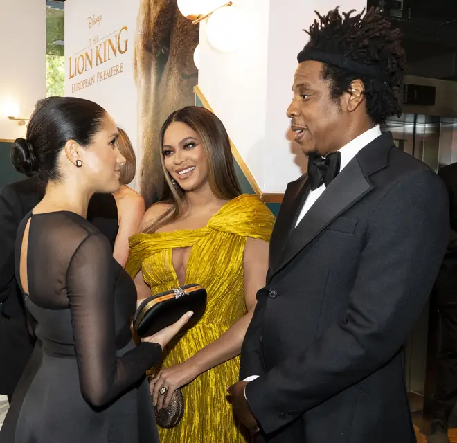 Meghan Markle meets Disney star Beyoncé and her husband Jay Z at The Lion King premiere.