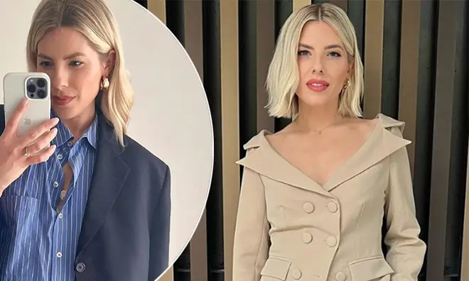 Mollie King taking a selfie while wearing a blue shirt and navy blazer alongside a picture of her in a beige suit