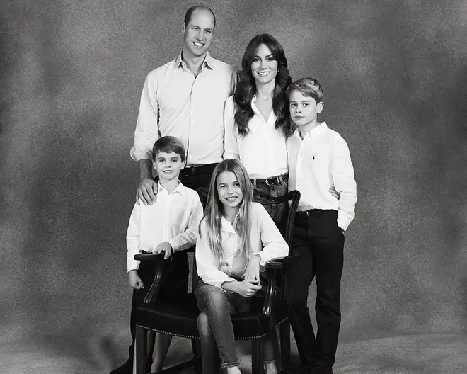 Princess Kate, Prince William, Prince Louis, Prince George and Princess Charlotte in a black and white photo for Christmas