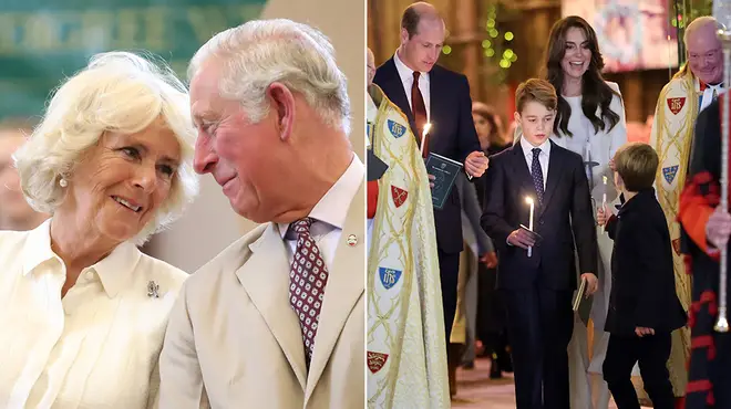 King Charles and Queen Camilla looking at one another and a picture of the Cambridge family at the carol service