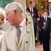 King Charles and Queen Camilla looking at one another and a picture of the Cambridge family at the carol service