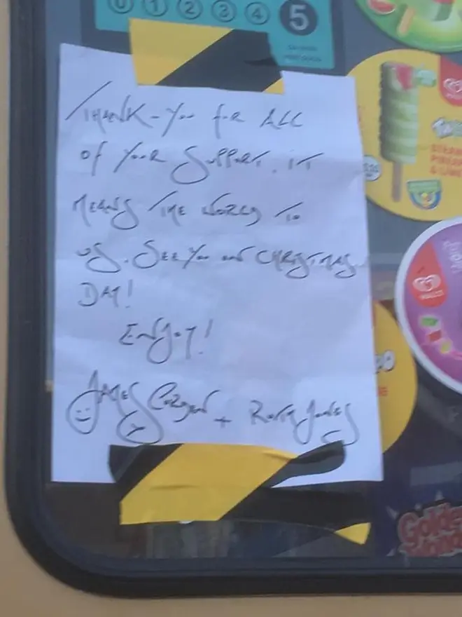 The show's co-writers James and Ruth left a heartwarming note on the ice cream van.
