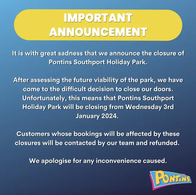 Pontins posted a message on their social media sites to let customers know they had closed one of their resorts