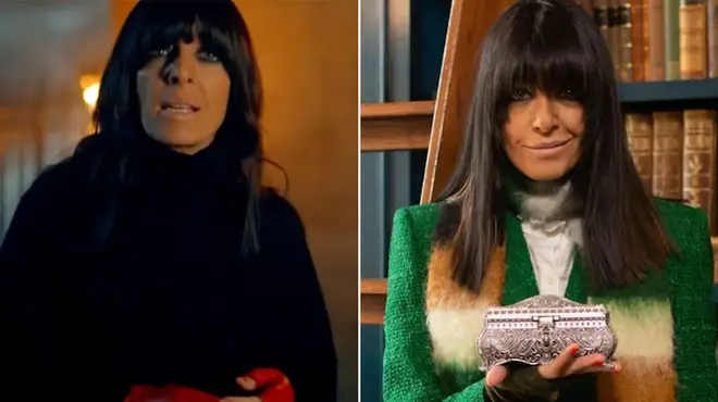 Claudia Winkleman wearing red and green fingerless gloves on The Traitors