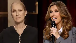 Celine Dion looks into the camera and also sings