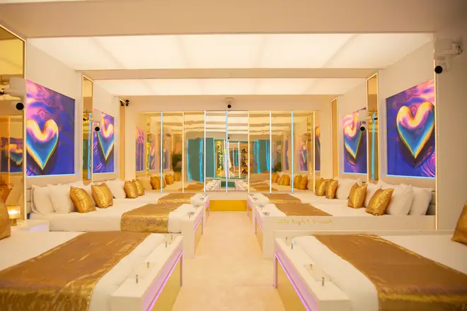 The Love Island All Stars bedroom features gold bedding