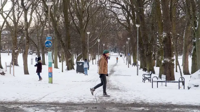 Person walking in snow-covered park