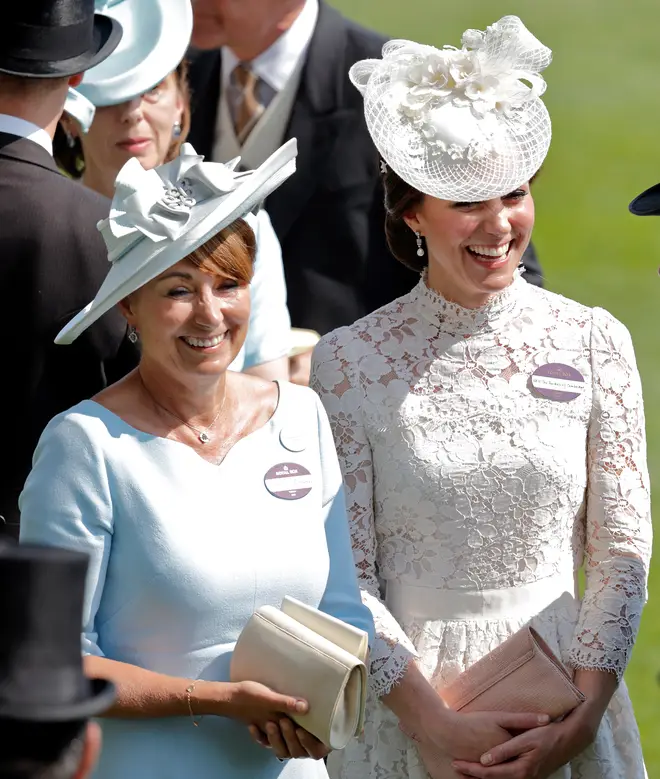 Carole Middleton pictured with daughter Kate Middleton, the Princess of Wales, at Royal Ascot in 2017