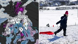 Weather map shows snow across the country. A girl sledges in snow