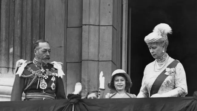 King George V (pictured here on the left) reportedly started calling the young Queen Elizabeth II (pictured waving in the centre) Lilibet after she struggled to say her name as a child