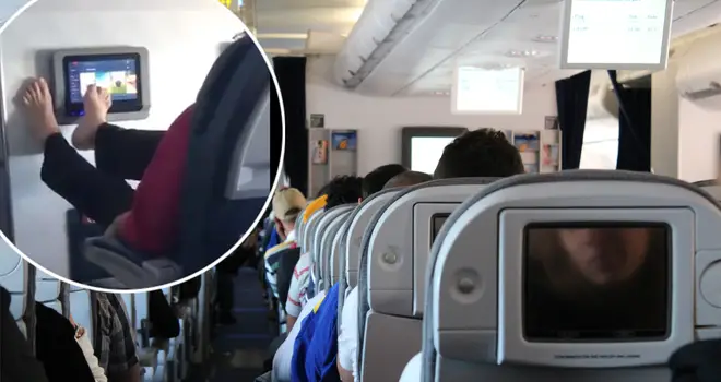 A man has been criticised for using his feet to control the aeroplane TV