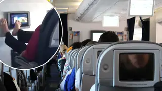 A man has been criticised for using his feet to control the aeroplane TV