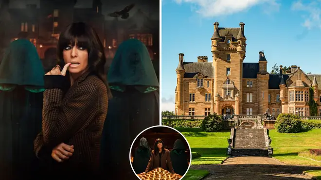 Claudia Winkleman poses with hooded figures and gold coins alongside Ardross Castle