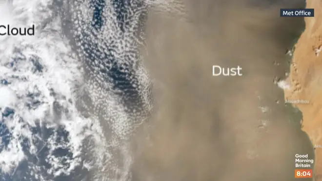 Met Office imagery shows the Saharan dust clouds heading towards the UK