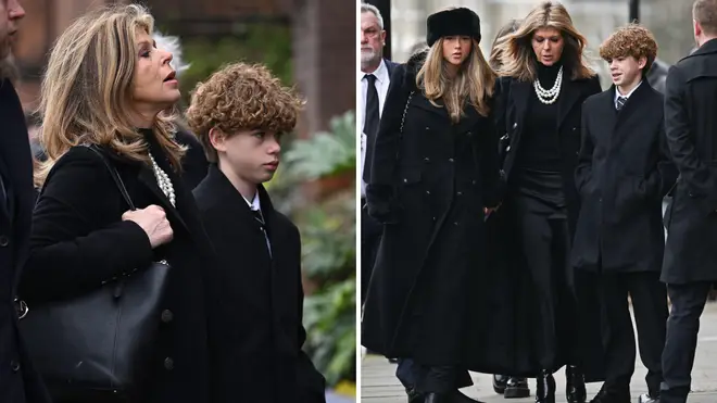 Kate Garraway is joined by her children Darcey and Billy at Derek Draper's funeral