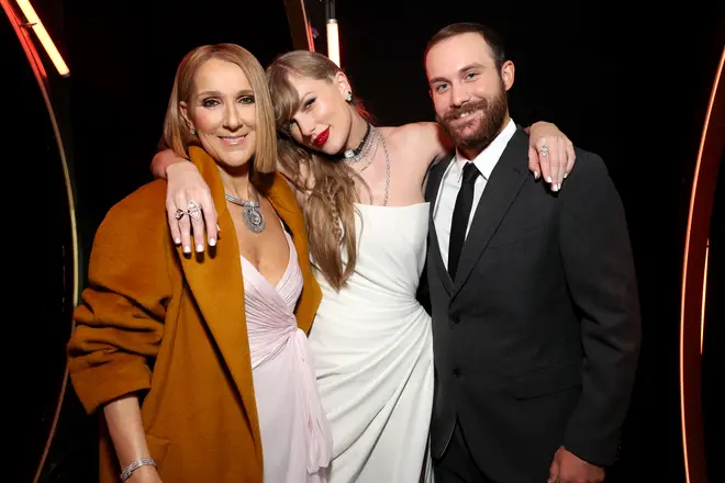 Celine Dion at the Grammys 2024 with Taylor Swift and Rene-Charles Angelil