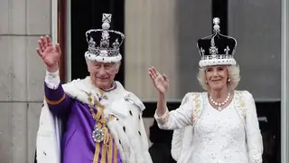King Charles III and Queen Camilla on the balcony of Buckingham Palace, London, following the coronation.
