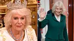 Queen Camilla wearing her crown next to a picture of her in green suit and waving