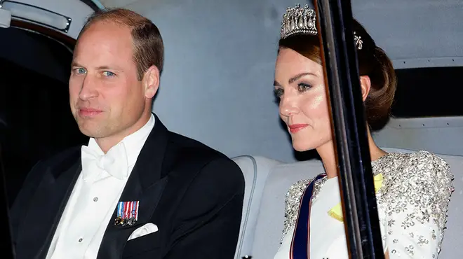 Prince William and wife Kate Middleton in regal wear in the back of a car