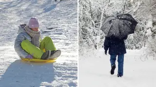 Girl sledges and man walks with umbrella in snow