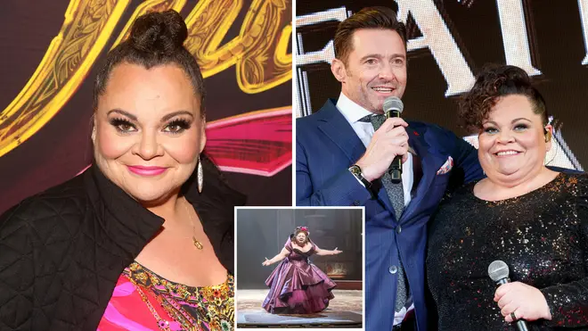 Keala Settle pictured with Hugh Jackman and singing on The Greatest Showman
