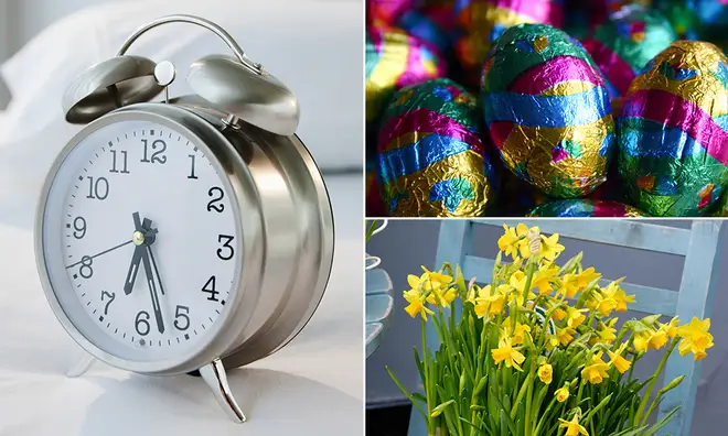 Alarm clock to represent time change along with easter eggs and daffodils to show off spring