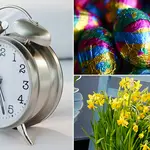 Alarm clock to represent time change along with easter eggs and daffodils to show off spring