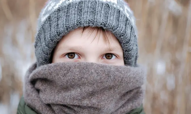 Young boy covered up with hat and scarf