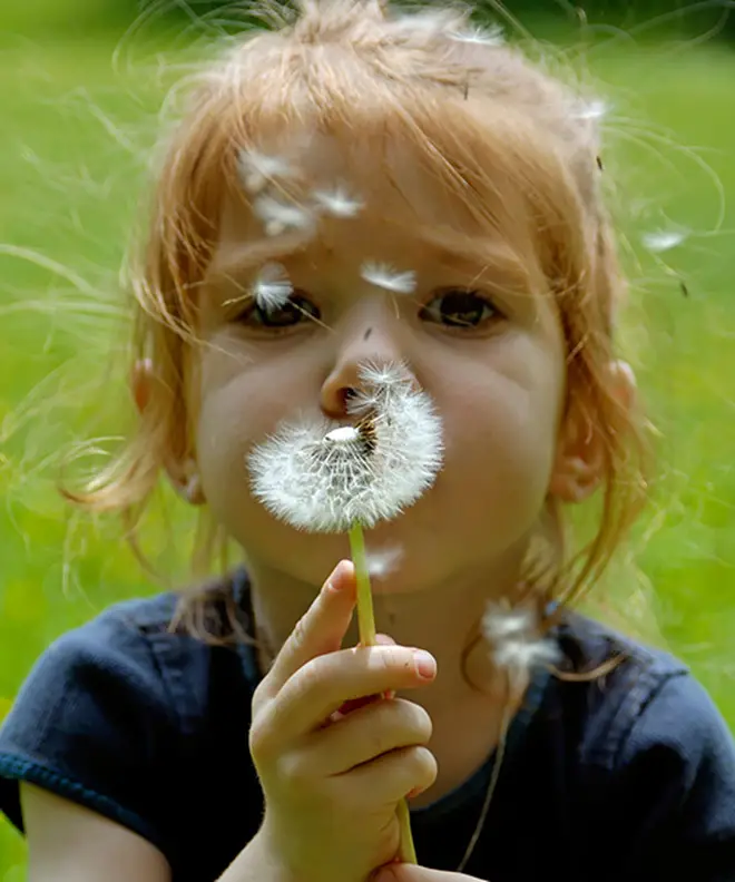 Young girl blowing a dandelion wish
