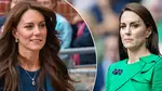 Kate Middleton unhappy face in green suit
