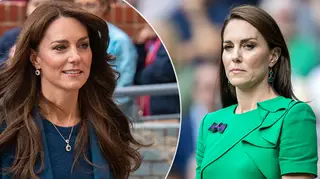Kate Middleton unhappy face in green suit