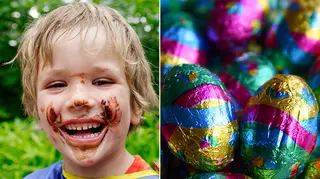 Young boy covered in chocolate next to easter eggs