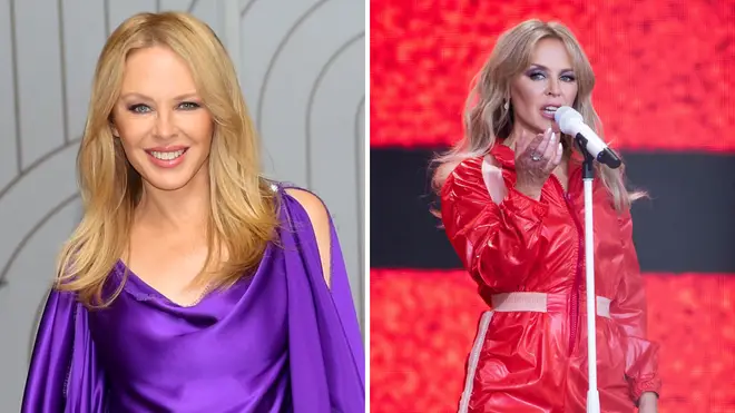 Kylie Minogue smiling and singing in a red dress