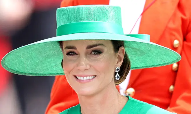 Kate Middleton at Trooping the Colour in 2023 wearing a large green hat