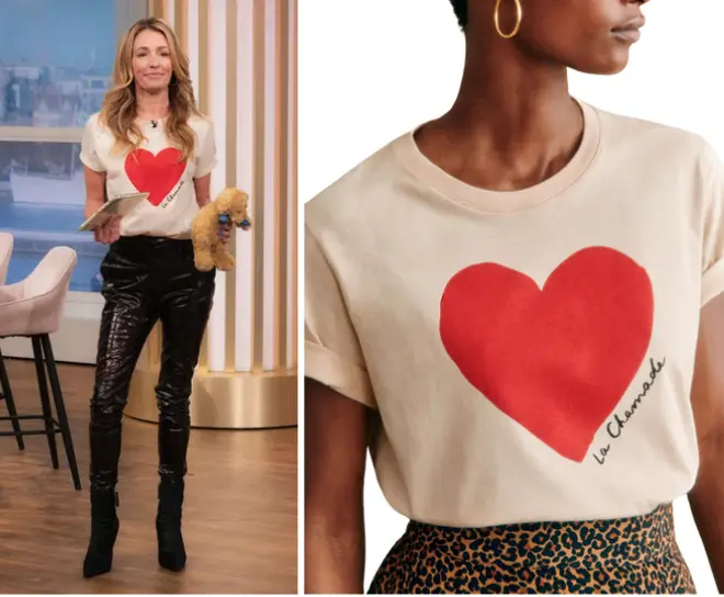 Cat Deeley looks edgy in a Sezane tshirt and 
Ann Demeulemeester leather trousers