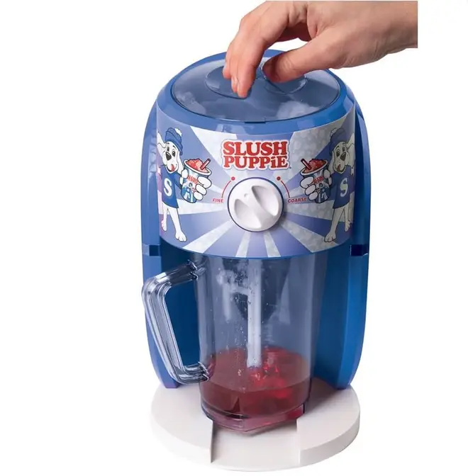 The blue and white small machine will make a generous 1.1l of slush with every go
