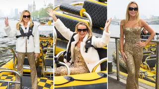 Amanda Holden looked stunning in a gold jumpsuit as she hopped on a speed boat to Heart HQ