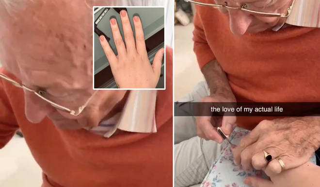Keith, 82, attends to his granddaughter's nails as she recovers from surgery