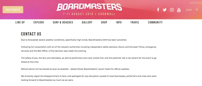 Boardmasters have removed all contact details from their website and replaced it with their statement