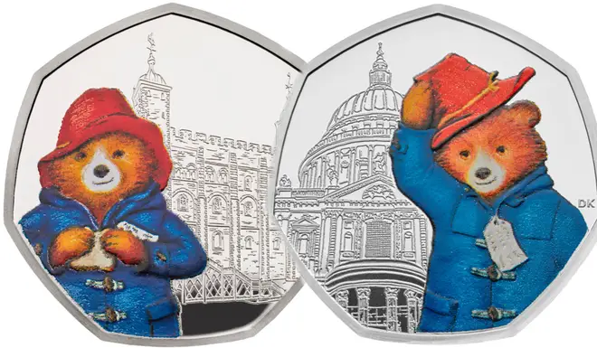 The two coins going into circulation show a brightly coloured Paddington, in his iconic blue coat and red hat