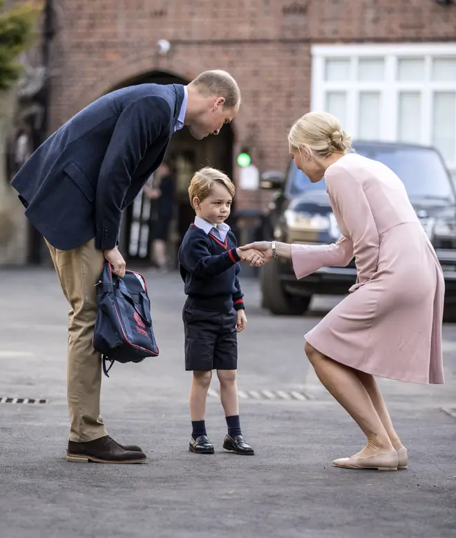Prince William walked his son to the school, where he met the head of lower school at Thomas's Battersea